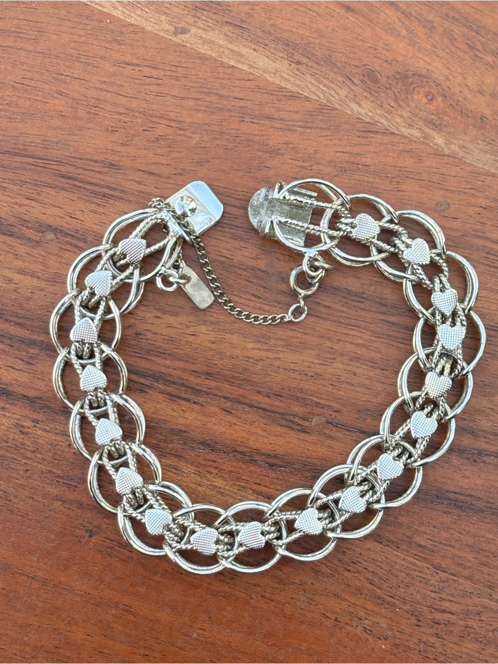 Vintage Monet Silver Tone Heart Link Bracelet 7” Woman’s Jewelry